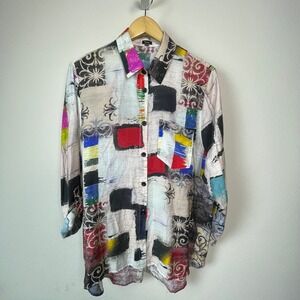Shana XL Abstract Geometric Lagenlook Artsy Long Sleeve Button Up Shirt Women